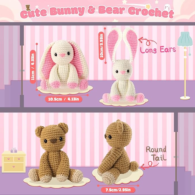 Easter Crochet Kit for Beginners, Bunny and Bear Crochet Kit with Step-by-Step Video Tutorials, Crocheting Kit for Starter, Beginner Crochet Kit for Adult, Stuffed Animal Knitting Kit for Birthday
