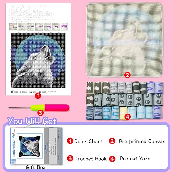 LAPATAIN Latch Hook Kits for DIY Throw Pillow Cover,Needlework Cushion Cover Hand Craft Crochet for Great Family 17X17inch Wolf(Moon)