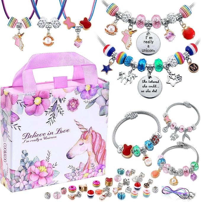 COO&KOO Girls Charm Bracelet Making Kit: Girls Toys Age 6-8, Gifts for 6 7 8 9 10 Year Old Girl Birthday Gift, Unicorn Jewelry Making Kit Crafts for Girl 8-12, Arts and Crafts for Kids Ages 8-12
