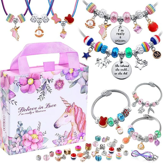 COO&KOO Girls Charm Bracelet Making Kit: Girls Toys Age 6-8, Gifts for 6 7 8 9 10 Year Old Girl Birthday Gift, Unicorn Jewelry Making Kit Crafts for Girl 8-12, Arts and Crafts for Kids Ages 8-12