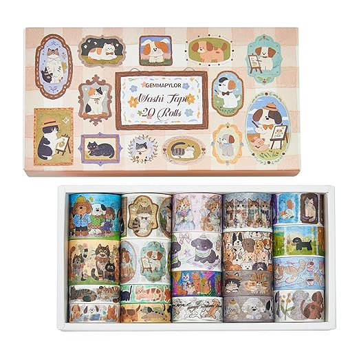 Cat Dog Washi Tape Set 20 Rolls, Cute Decorative Masking Tape for Junk Journal and Scrapbooking, DIY Crafting Supplies