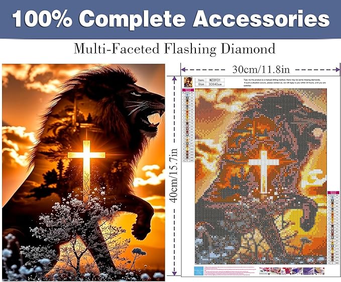 ijbnhd Diamond Art Kits for Adults - 5D Lion Cross Diamond Painting Kits for Beginners, DIY Lion Cross Gem Art Crafts Full Round Drill for Home Walls Decor 12X16Inch