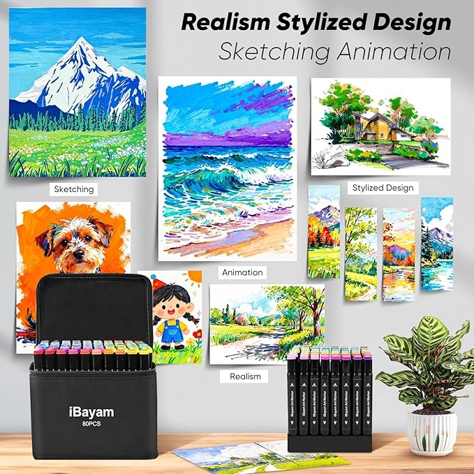 ibayam alcohol markers 80 colors with case & holder, dual tips chisel & fine art markers for adult coloring kids drawing