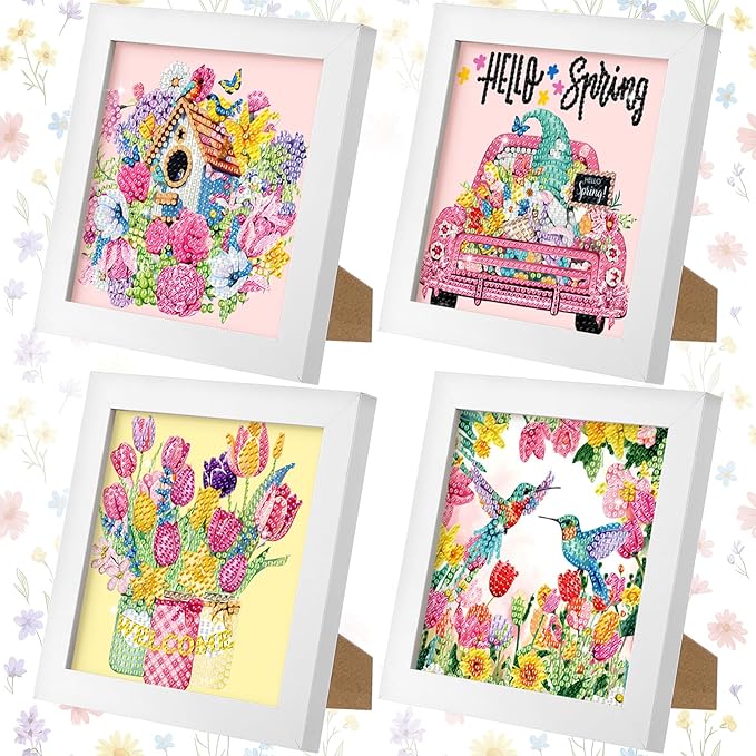 Geyoga 4 Pcs Spring Diamond Painting Kits with Frame Spring Tulip Flower Gnome Diamond Art Kits for Adults Beginner Kids DIY Arts and Crafts Crystal Rhinestone Gem Art Table Decor Gift 7 x 7 Inch