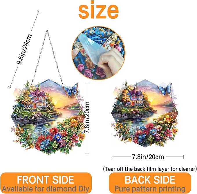 Ginfonr Diamond Painting Kits Hanging Pendant, Landscape Diamond Art Kits for Adults, Special Shaped Rhinestone Butterflies Diamond Art, Double Sided Spring Hanging Kits for Garden Window 8 x 8inch