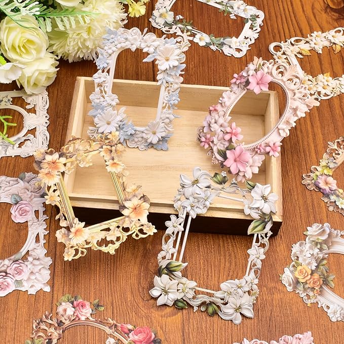 60 Vintage Craft Paper Frames for Scrapbook, Flower Window Decorative Craft Paper Frame for Junk Journaling, Vintage Scrapbook Supplies Card Making kit, Frames Decorative Paper