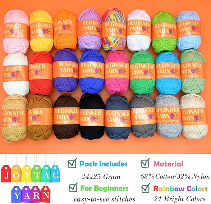 24 Pack Beginners Crochet Yarn Blue Pink Purple Brown Rainbow Cotton Crochet Yarn for Crocheting Knitting Beginners with Easy-to-See Stitches Beginner Crochet Kit-24x25g