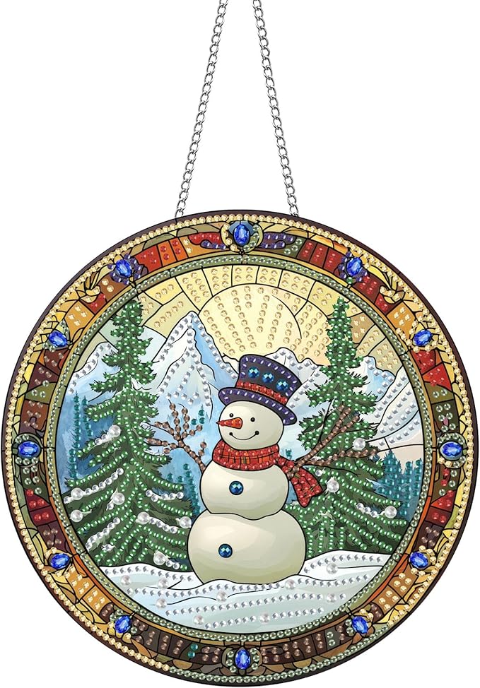 Pavemlo Hanging Diamond Art Kits for Adults Christmas Snowman – 8x8 Inch Double-Sided Acrylic Board DIY Crystal Diamond Suncatcher Pendant, Sparkling Home Wall or Window Decoration Handmade Gift