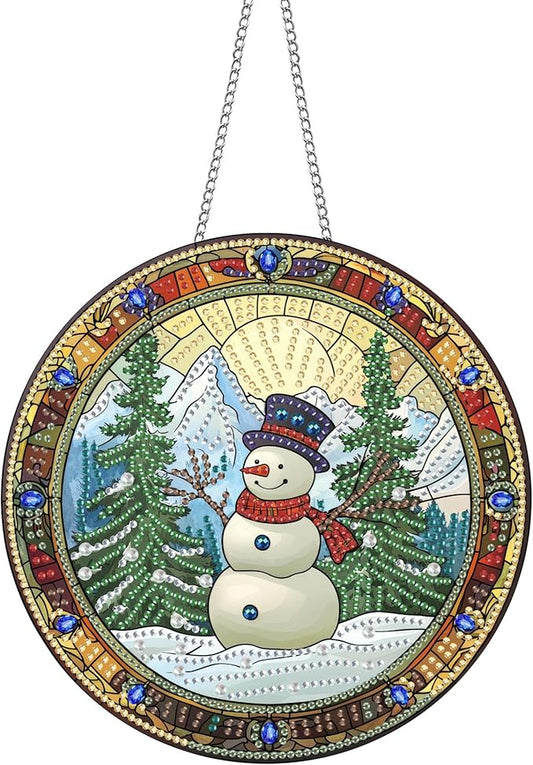 Pavemlo Hanging Diamond Art Kits for Adults Christmas Snowman – 8x8 Inch Double-Sided Acrylic Board DIY Crystal Diamond Suncatcher Pendant, Sparkling Home Wall or Window Decoration Handmade Gift