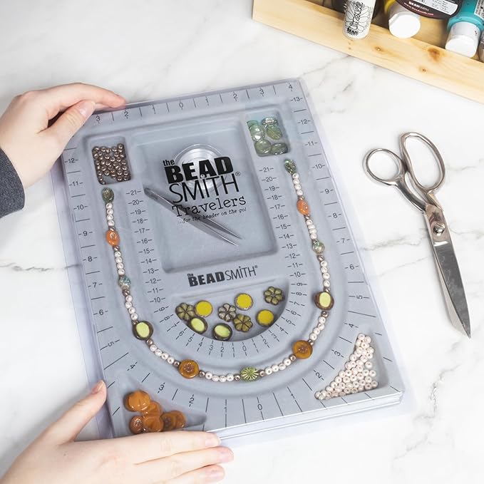 The Beadsmith Bead Board with Cover, Grey Flocked, 3 U-Shaped Channels, 6 Recessed Compartments,13.25H x 9.75L inches, Design Boards for Creating Bracelets, Necklaces and Other Jewelry