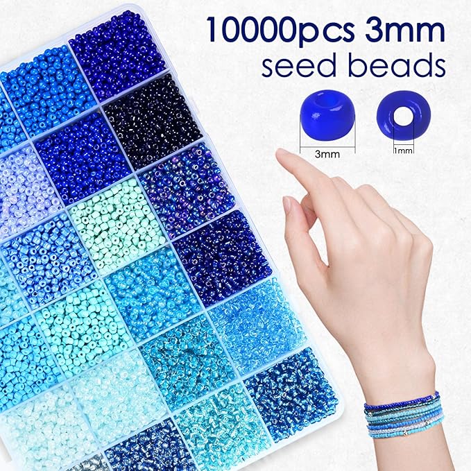 Vtssvow 3mm Glass Seed Beads for Bracelets Making, 24 Colors 10000pcs Friendship Bracelet Making Kit, Small Glass Beads for Jewelry Making (Mix 24 Color, Blue)