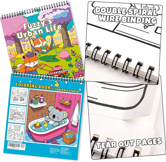 Cozy Coloring Book for Adults and Kids – Featuring Fuzzy’s Cute Animal Urban Life Moments, Bold and Easy, Simple Coloring Book for Teen Relaxation & Mindfulness Gift for Women, Spiral Bound Design