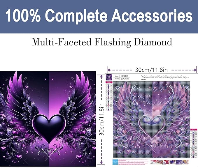 ijbnhd Angel Wings Diamond Art Kits for Adults - Purple Heart Diamond Painting Kits for Beginners, DIY Heart Gem Art Crafts Full Round Drill for Home Walls Decor 12X12Inch