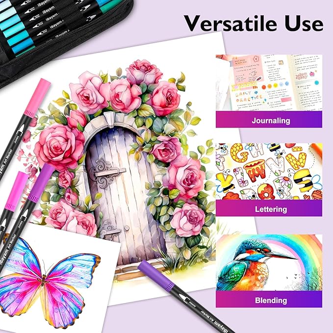 iBayam Art Markers Set, 72 Colors Dual Tip Brush Pens for Adult Coloring Book, Note-Taking, Calligraphy, Journaling, Sketching and Lettering, with Gift Case for Adult Office Art Supplies