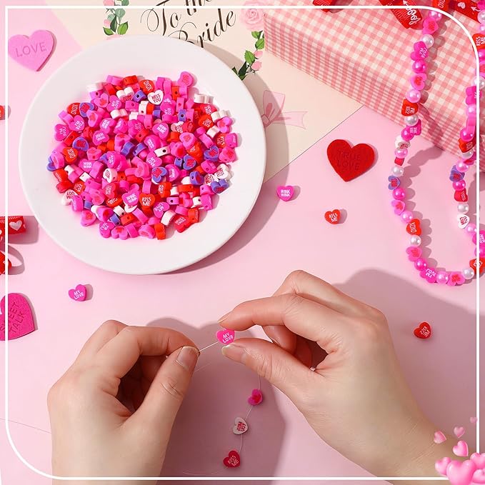 Augshy 300Pcs Conversation Heart Beads,Valentine's Day Polymer Clay Beads for Jewelry Making Bracelet Necklace Making Earrings