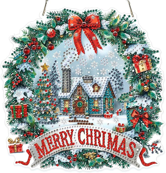 MOGTAA Christmas Diamond Art Hanging Kits for Adults Kids, Christmas Wreath Diamond Art Suncatchers, 5D Special Shape Winter Diamond Painting Window Pendant Kit for Home Garden Wall Decor