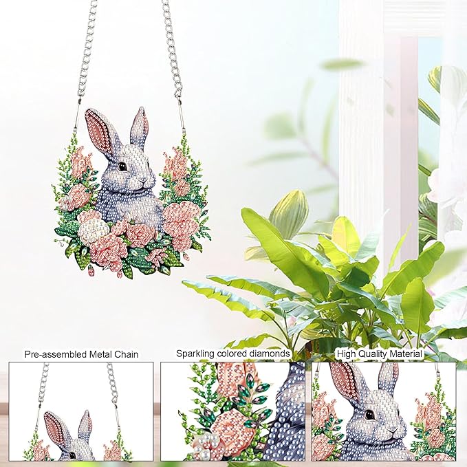 AiYuanzsh Rabbit Diamond Painting Hanging Pendant Kit, DIY 5D Acrylic Crystal Diamond Art Ornament for Window, Wall or Door, Handmade Decorative Craft Gift for Adults