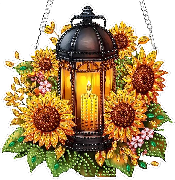 MXJSUA Lantern Sunflowers Special Shaped Hanging Diamond Painting Art Kits for Adults, Crystal Rhinestone Acrylic Gem Art Pendant Ornaments Kit for Home Decoration and Gift