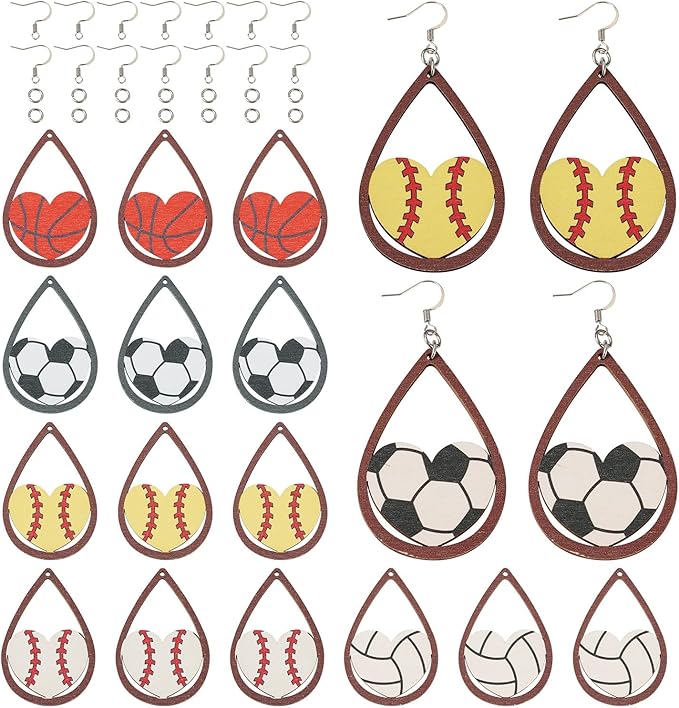 Beadthoven 10 Pairs DIY Sports Ball Wood Dangle Earrings Making Starter Kit Sports Lover Big Wood Pendant Hollow Teardrop Heart Charms Earring Hooks Jump Rings for Jewelry Making Adult Valentine’s Day