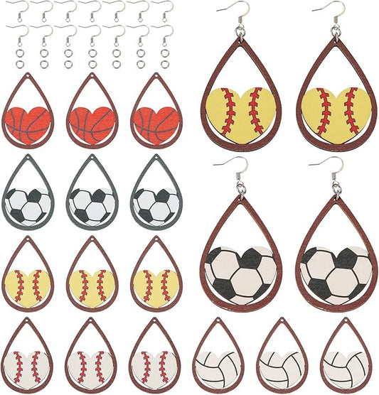 Beadthoven 10 Pairs DIY Sports Ball Wood Dangle Earrings Making Starter Kit Sports Lover Big Wood Pendant Hollow Teardrop Heart Charms Earring Hooks Jump Rings for Jewelry Making Adult Valentine’s Day