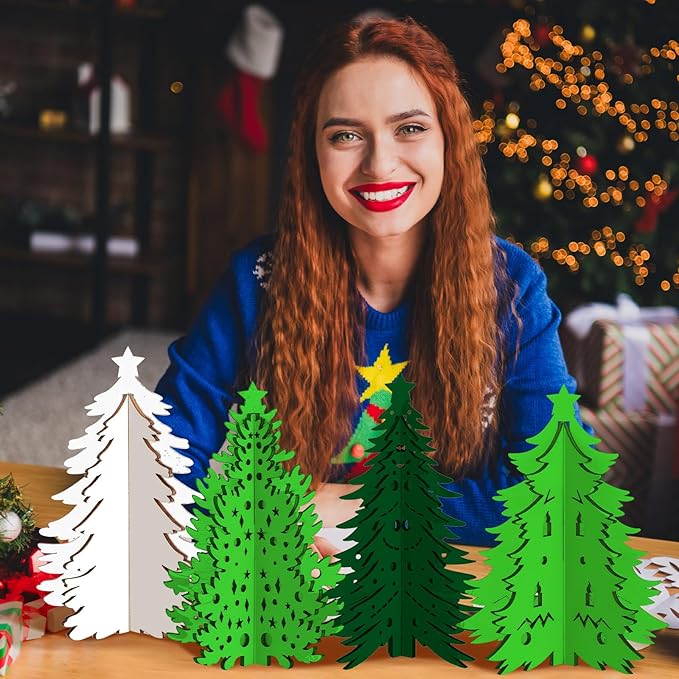 Blosssound 48 Pcs Christmas Craft Set 36 Pcs 3D Wood Tree Cutouts Wooden Unfinished Tree Slices to Paint with 12 Colored Markers for Winter Xmas Xmas DIY Handmade Projects Tiered Tray Decor