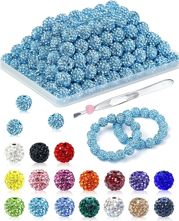 120PCS FIVEIZERO Rhinestone Beads for Jewelry Making, 10mm Aquamarine Shiny Round Sparkle Crystal Clay Bead Bulk Sparkly Baseball Necklace Beads for Bracelets and DIY Crafts