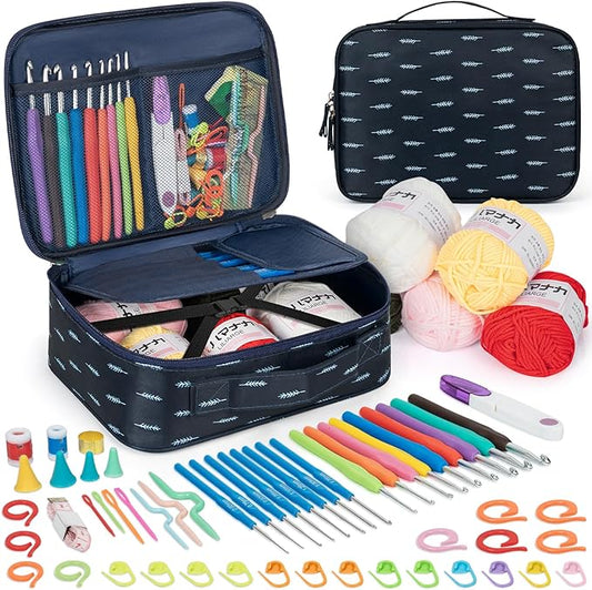 GMAK Crochet Kit for Beginners Adults, 59 PCS Crocheting Sets Include Yarn, Hooks and Tools, Portable Crochet Starter Kit for Making Variety Projects Crocheting Supplies, Navy Plume