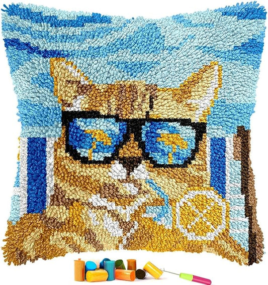 EMISTEM Latch Hook Kits for Adults - Latch Hook Pillow Kits, Crochet Yarn Kit for Beginners, Cross-Stitch Embroidery Cushion Cover Case with Printed Canvas. (Sunglasses Cat,17x17 inch)
