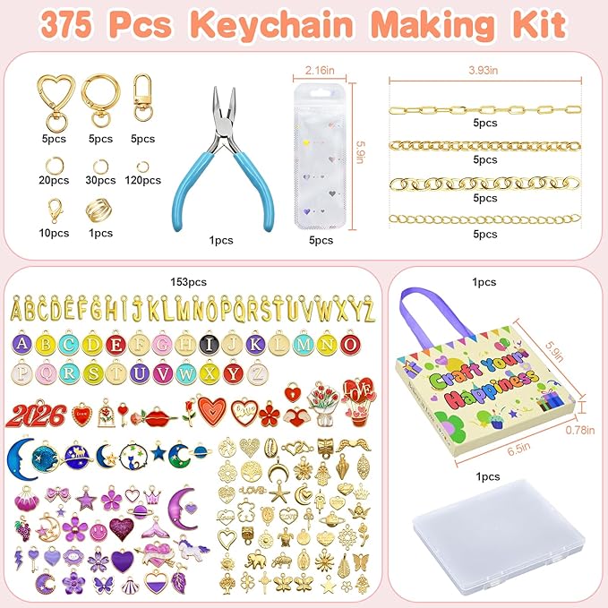 VvLons Lip Gloss Keychain Making Kit, 375Pcs Bag Charm Kit DIY Craft Supplies with Key Chain Hooks, Jump Rings, Lobster Clasps, Chains & Tools, Custom Jewelry Making Kit for Mothers Day Gifts