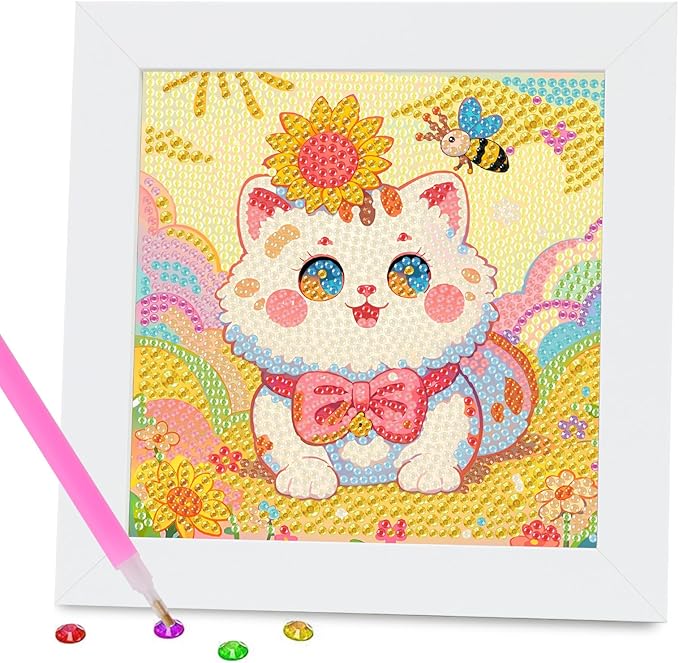FlyingMage 5D Diamond Art Painting Kits with Wooden Frame, Cute DIY Diamond Art Mosaic Kits for Adults Women Teen, Kawaii Diamond Crafts Arts Full Drill Diamond Dots (Yellow Sunflower Cat)
