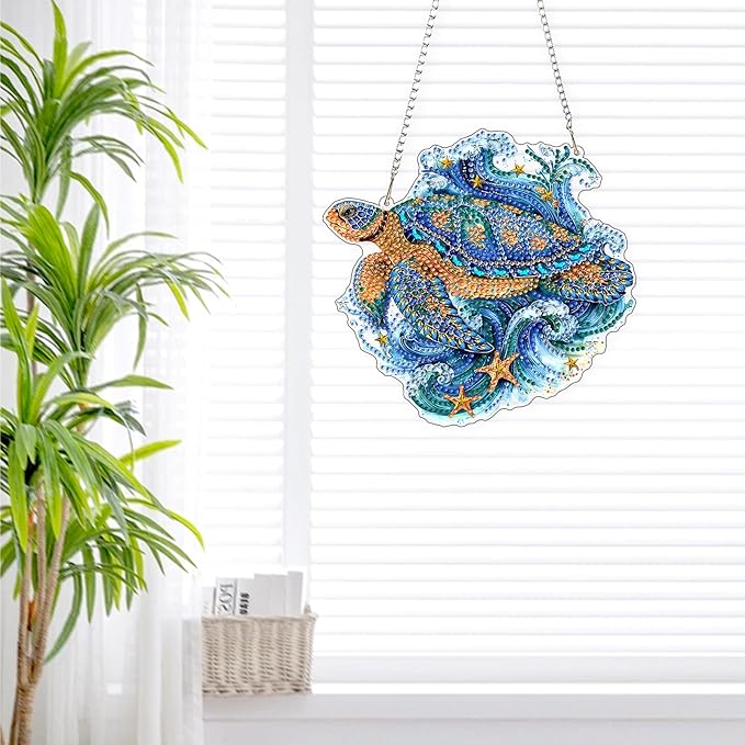 Lxmsja DIY Turtle Starfish Diamond Painting Hanging Ornament, Double-Sided Acrylic Ocean Waves Diamond Art Kit, Special Shaped Suncatcher Hanging Pendant Window Art Kit 7x8 inch