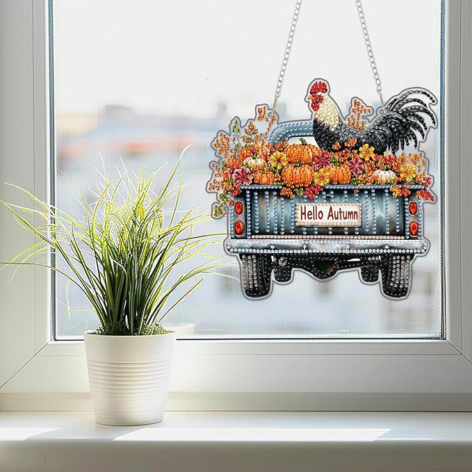 SENQAO Fall Chicken Diamond Art Hanging Kits for Adults Kids, Acrylic Diamonds Painting Pendant Board Kit Truck, Diamond Art Painting Window Pendants Home Garden Wall Hanging Kits Hanging Ornament