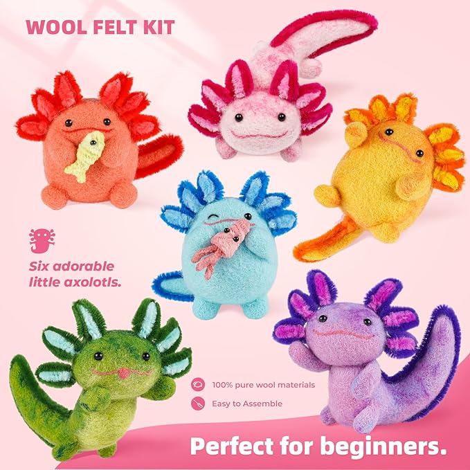 MOREJMTT Needle Felting Kit, 6 PCS Animal Needle Felting Beginner Kits, Wool Felt Needle Felting Tools Foam Pad, Craft Party Supplies for Beginners Adult(6pack Axolotl)