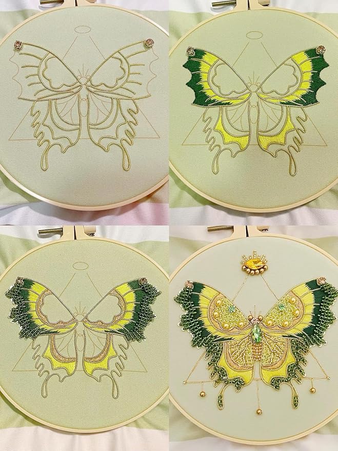 Craftreasure Embroidery Kit for Adults, Butterfly Embroidery Kit for Beginners Include Embroidery Beads Threads for Craft Lover Hand Stitch with Embroidery Skill Technique (Green - Easy)