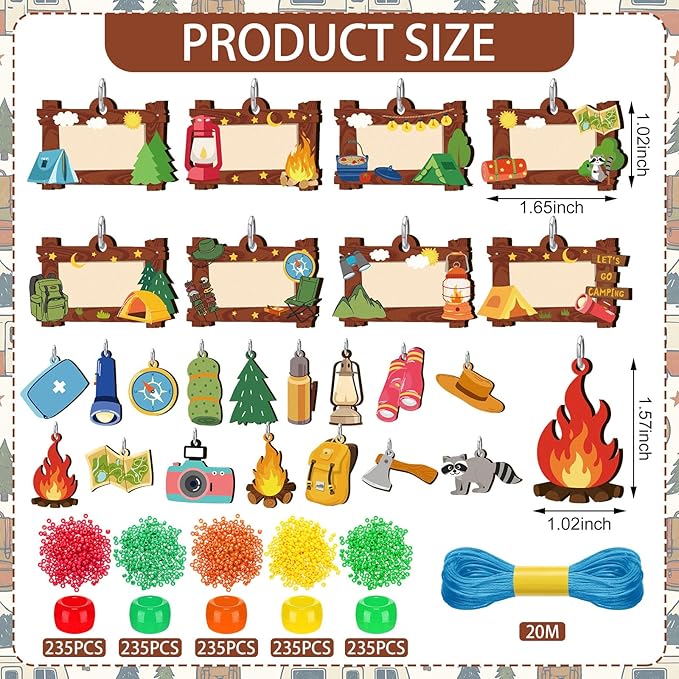 Ferreve 48 Sets Camping Bead Necklace Crafts Bulk Camping Name Tag Craft Kit Summer Camp Party Favors Travel Adventure Gifts for Vbs Supplies Home Party Activities