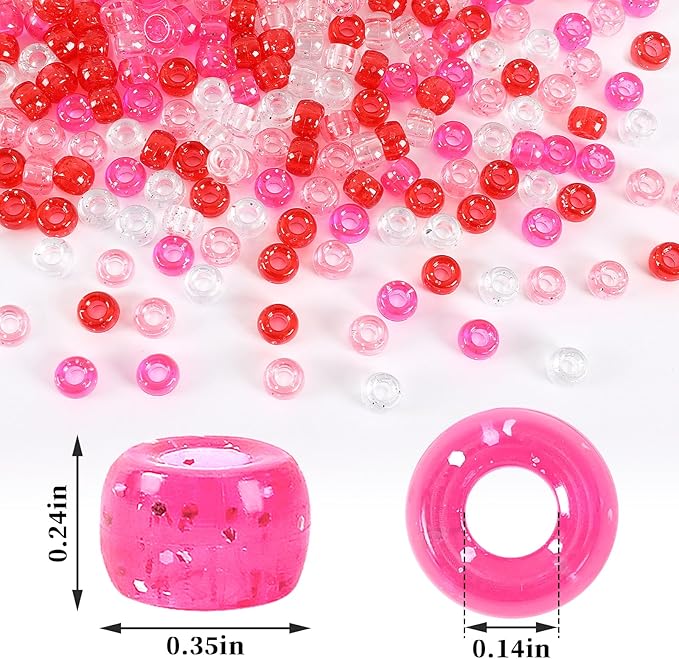 UPINS Valentine's Day Pony Beads, 1200Pcs Glitter Pink Red Round Plastic Craft Pony Beads for Jewelry Making Valentines Party DIY Decoration Necklace Bracelets Romantic Accessories (4 Colors)