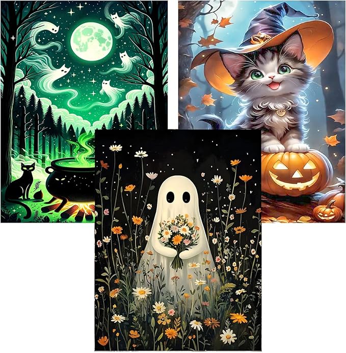 Meothan Halloween Diamond Art Kits for Adults, 3 Pack Ghost and Cat Diamond Painting Kits for Adults, 5D DIY Round Full Drill Gem Art Paint by Diamonds Dots Crafts Kits for Home Decor Gift 12x16inch