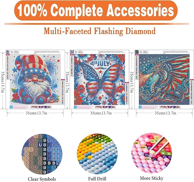 igoodom Independence Day Diamond Art Kits for Adults, 3 Pack July 4th Diamond Painting Kit, Full Drill Round Diamond Art Kits, DIY Gem Art and Crafts for Home Wall Decor Gift 14x14inch