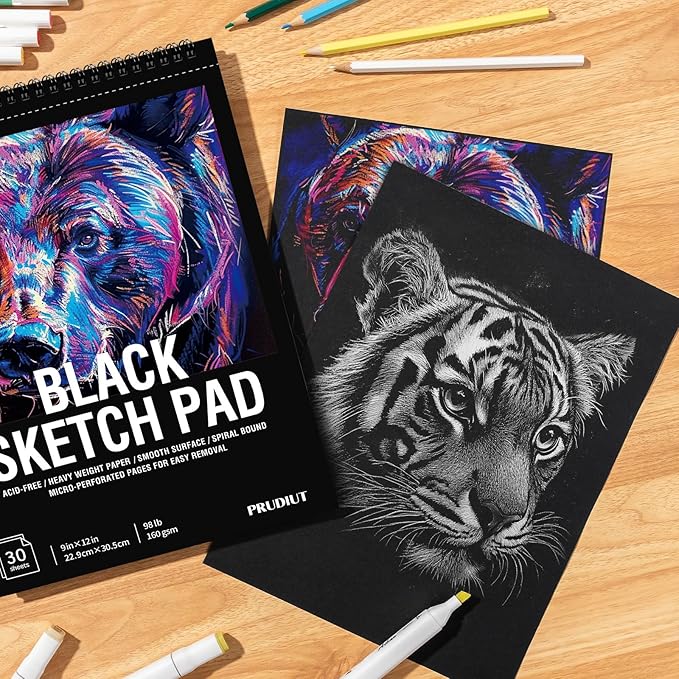 30 Sheets Black Paper Sketchbook, 98lb/160gsm Heavyweight Black Sketch Pad 9×12in, Acid-Free Drawing Paper, Spiral Bound Sketch Book for Kids, Teens, Artist