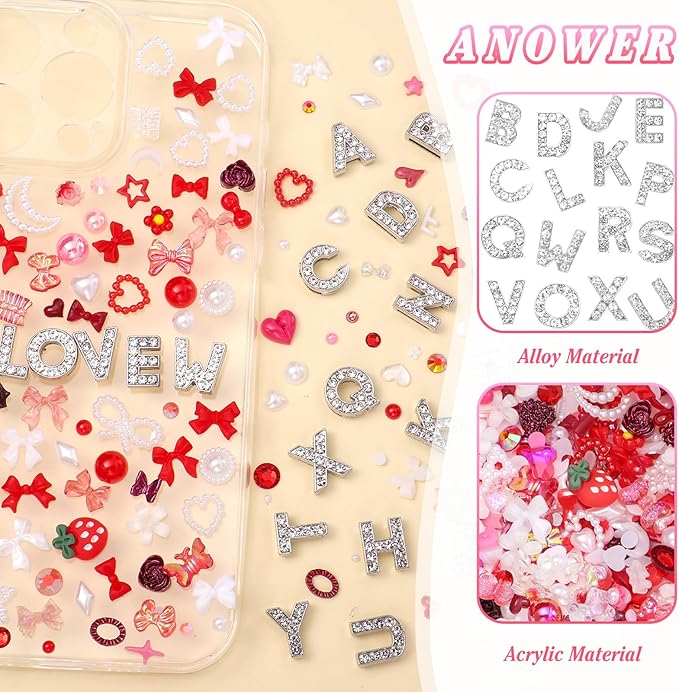 330 Pcs Junk Phone Case Charms 26 Pcs A-Z Rhinestone Alphabet Letter Charm, Mix Red White Flower Bow Heart Pearls Flatback Resin Charms Letter Junk Cases Kit for DIY Crafts