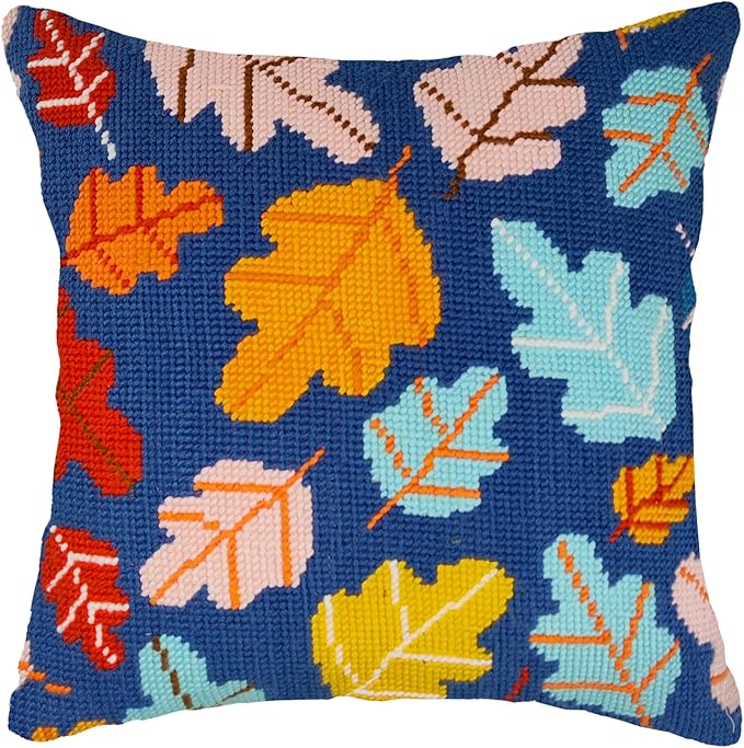 Howie's Needlepoint Needlepoint Kits for Adults, Pillow Front Cross Stitch Kit with Embroidery Pattern on Canvas, Yarn, 2 Needles and Instruction, 16 x 16inch(Colourful Leaves)