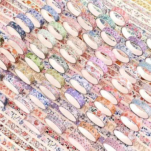 60 Rolls Flowers Theme Washi Tape Set with Different Colorful Patterns, Writable Decorative Tapes for Scrapbooking, Junk Journal Supplies, Bullet Journaling, 0.39'' x 79'' per Roll