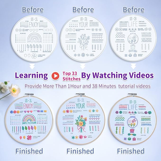 ETSPIL 3 Pack Embroidery Kit for Beginners and Adults,Learn 33 Stitches with DIY Stamped Flower Patterns – Includes Hoop, Color Threads, Tools, and Step-by-Step Instructions with Video Tutorials