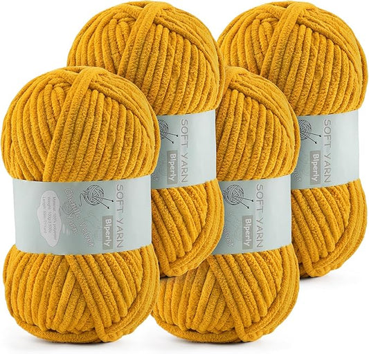 Chunky Chenille Yarn Velvet Soft Super Bulky Size 6 for Crocheting Knitting, Baby Blanket Yarn, 100g 71 Yds per Skein, Easy to Use for Scarves, Amigurumi, Crafts (4, Turmeric)