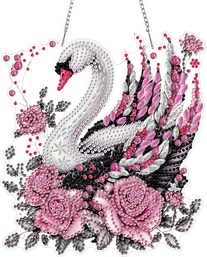 QENSPE Diamond Art Hanging Kits for Adults, 5D Swan Special Shape Diamond Paingting Ornaments with Chain, DIY Pink Rose Crystal Window Pendants for Home Wall Decor Double Sided 8X8 inch