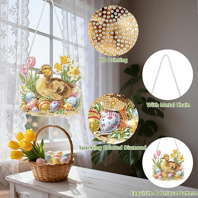 DOMROM Duck Diamond Art Hanging Kit for Adult, Easter Special Shaped Crystal Diamond Painting Duck Pendant, DIY Diamond Art Suncatchers Animal for Home Garden Wall Decor Gift