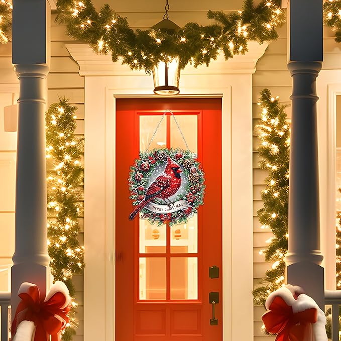 JJFox Diamond Art Hanging Kit for Adult,Special Shaped Rhinestone,DIY Acrylic 5D Diamond Art Painting Window Pendants Home Garden Wall Hanging Kits Hanging Ornament,Double Sided. (Christmas Cardinal)