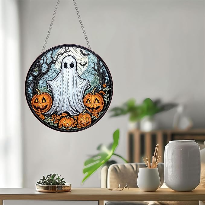 Bimkole Ghost Diamond Art Hanging Kit for Adult, DIY 5D Diamond Art Halloween Window Pendant, Acrylic Crystal Art Hanging Ornament Home Wall Garden Front Door Sign Outdoor Decor 7.8x7.8 Inch