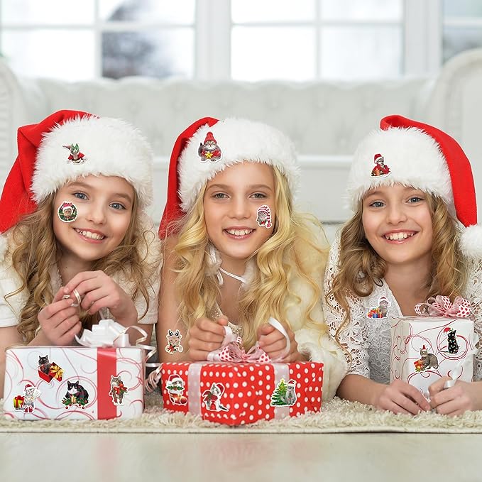 h1vojoxo christmas cat sticker rolls- 1000pcs holiday cat stickers for kids 16 styles christmas cute cats realistic sticker xmas gift cats stickers for envelopes craft water bottles