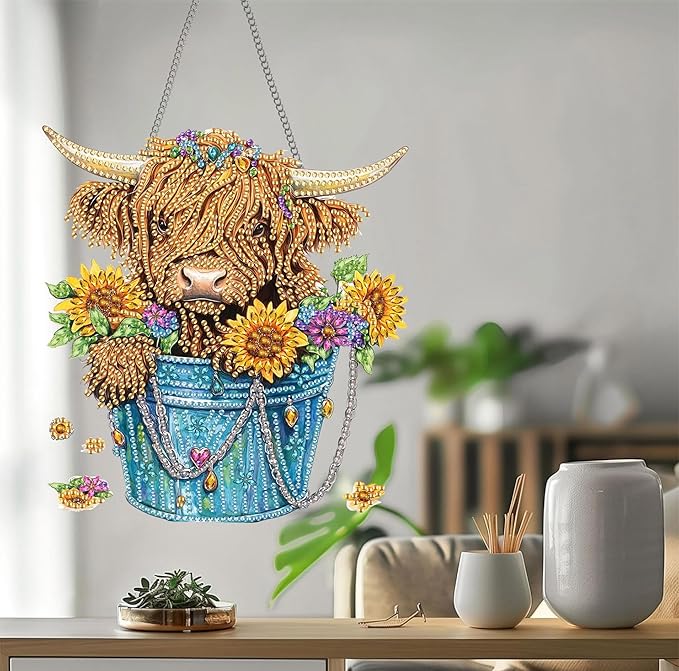Bimkole Highland Cattle Diamond Art Hanging Kit for Adult, DIY 5D Sunflowers Diamond Painting Window Pendant, Acrylic Crystal Art Hanging Ornament for Wall Home Garden Front Door Decor - 7.8x7.8 Inch